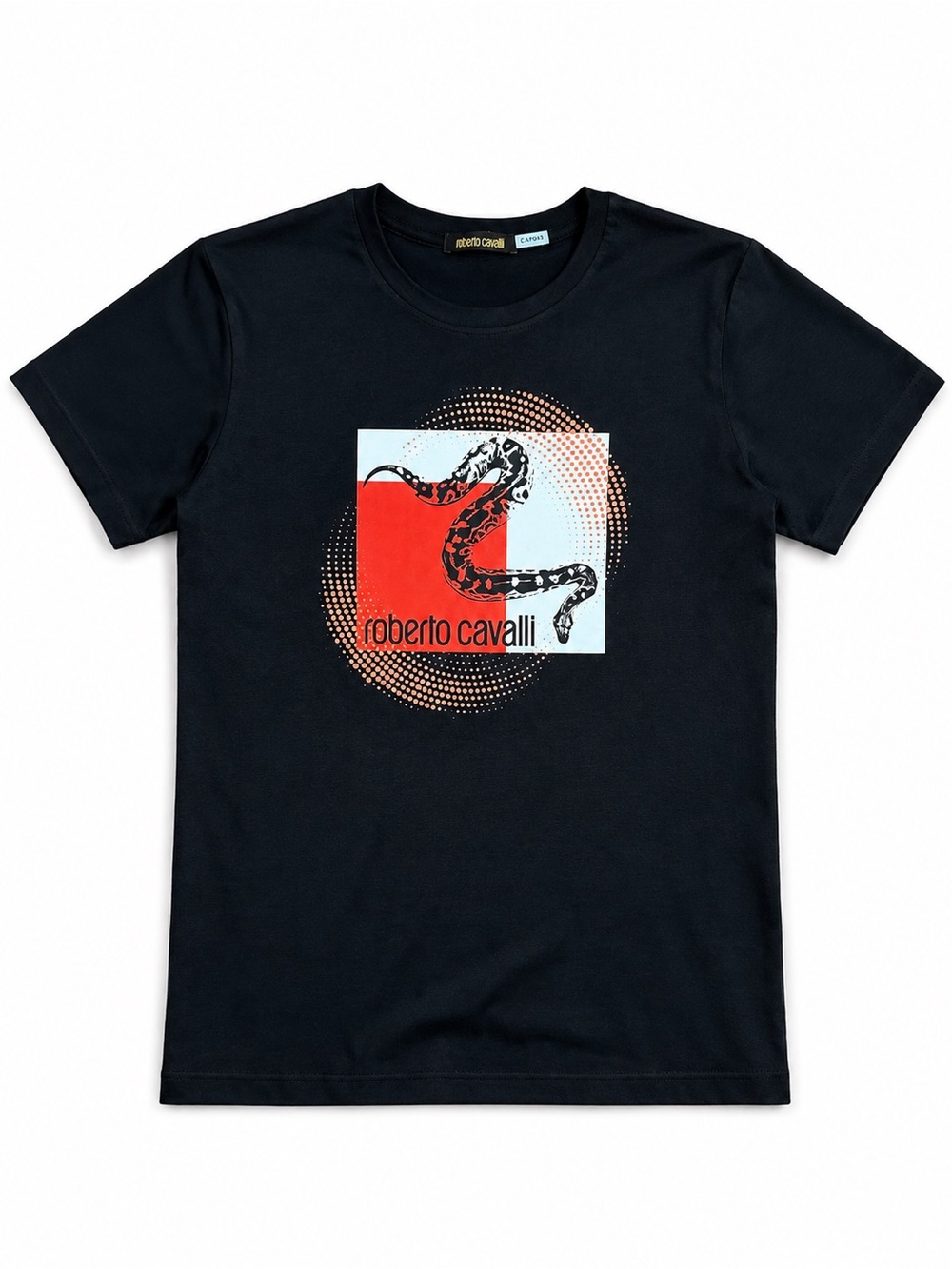Roberto Cavalli Black T-Shirt with Red and White Snake Graphic